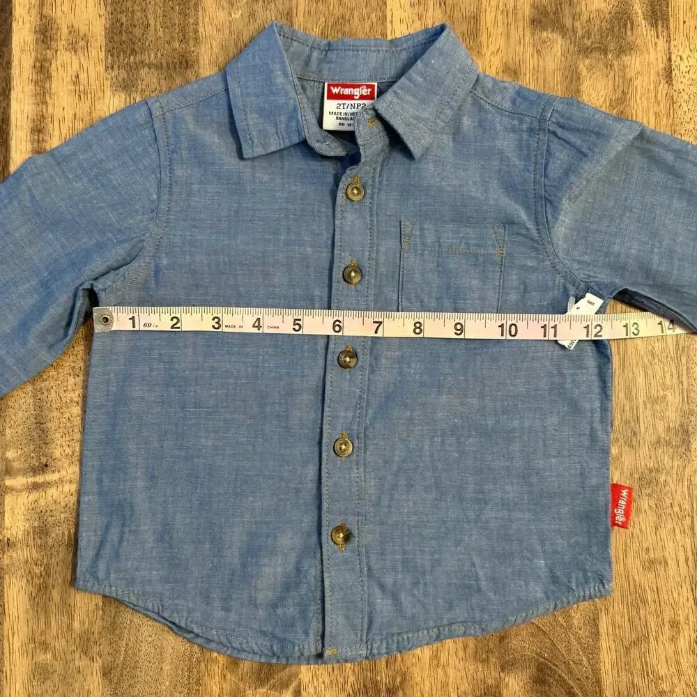 Wrangler Long Sleeve Button Down Shirt Western Cowboy Chambray Blue Toddler 2T